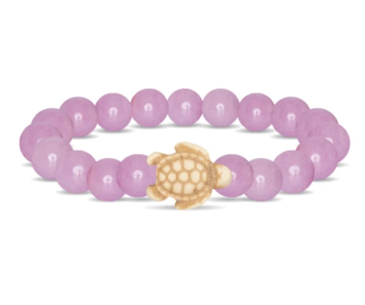A beaded stretch Fahlo bracelet featuring smooth, round lilac glow beads and a carved natural turtle charm in the center, displayed on a clean white background. Available at Be Charmed