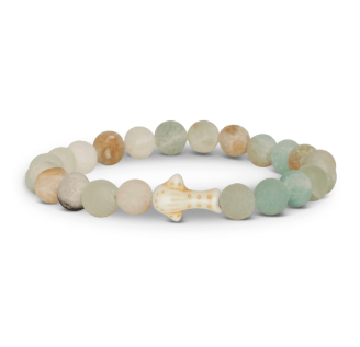 A beaded stretch Fahlo bracelet featuring natural stone beads in muted shades of green, beige, and brown, with a small whale shark  at the center, shown on a plain white background. Available at Be Charmed