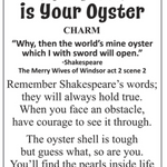 A text-based card with the title 'The World is Your Oyster' in large black font, followed by a quote from Shakespeare and additional motivational text on a white background with a thin dark border. Available at Be Charmed