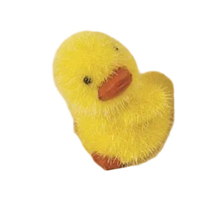 Yellow resin Gerson chick figurines with orange beaks and feet on a white surface. Available at Be Charmed