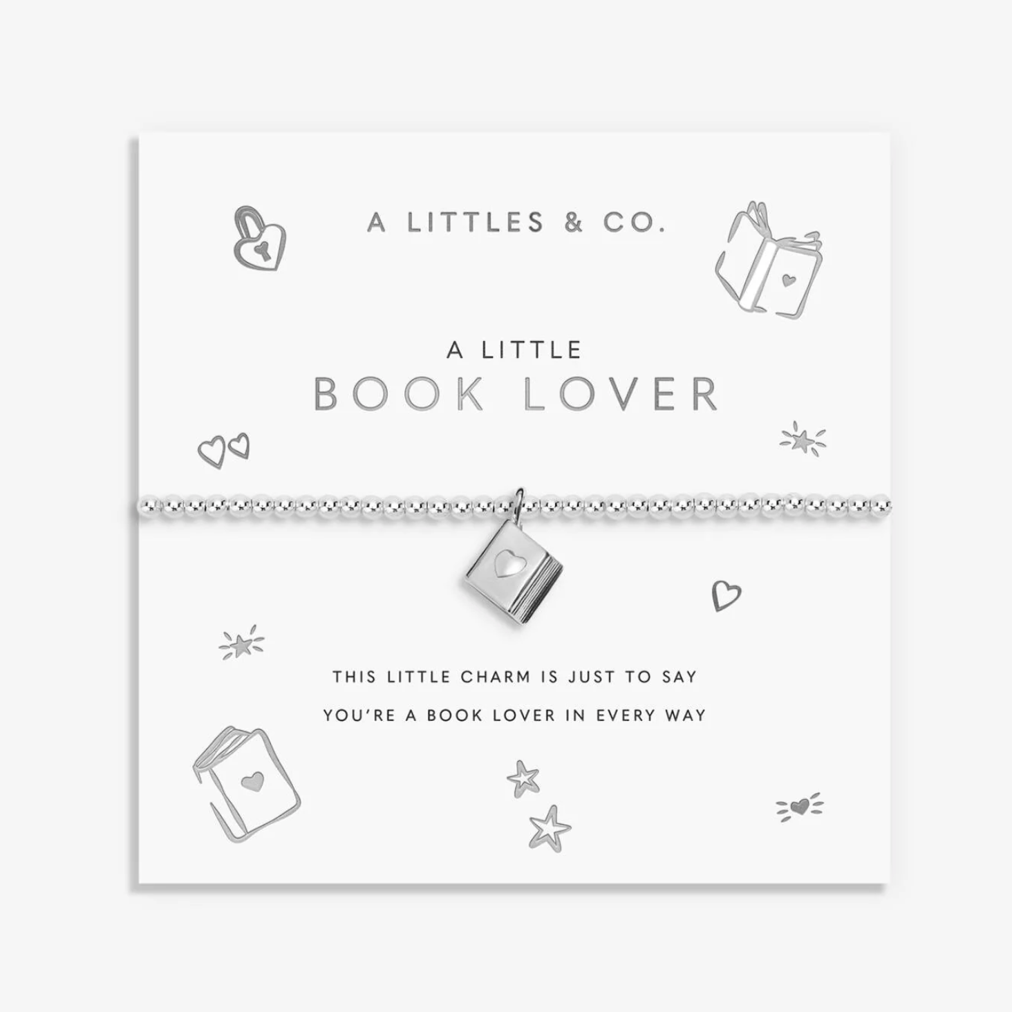 A Littles & Co Book Lover silver charm bracelet featuring a delicate book charm, available at Be Charmed