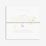 A Littles & Co bracelet packaging with 'Love You To The Moon And Back' text and a moon and back design, featuring a silver-plated charm. Available at Be Charmed
