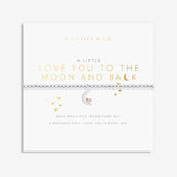 A Littles & Co bracelet packaging with 'Love You To The Moon And Back' text and a moon and back design, featuring a silver-plated charm. Available at Be Charmed
