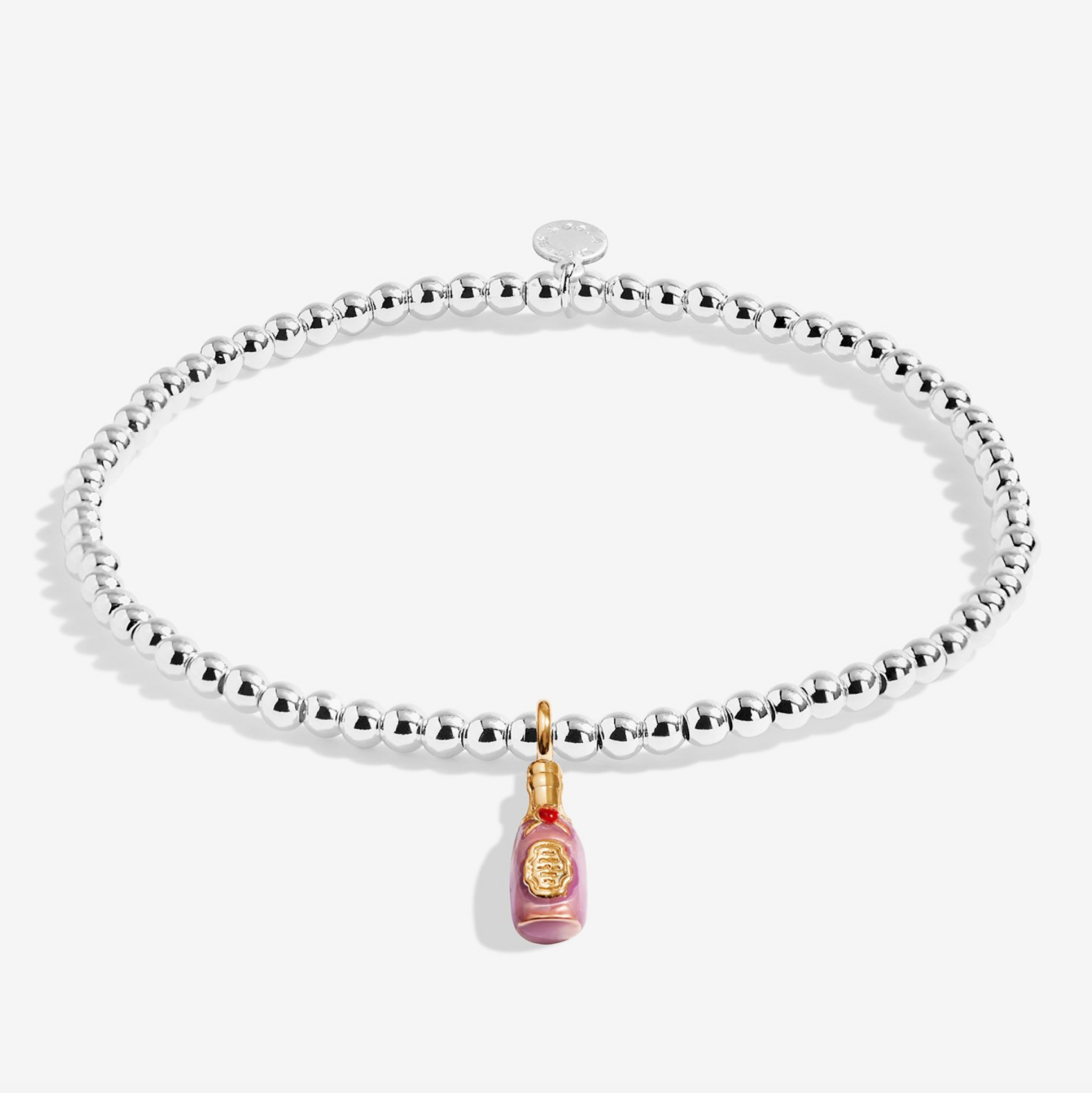 A Littles & Co Prosecco Ho Ho Ho silver and gold bracelet featuring a festive wine glass charm on a beaded band, available at Be Charmed