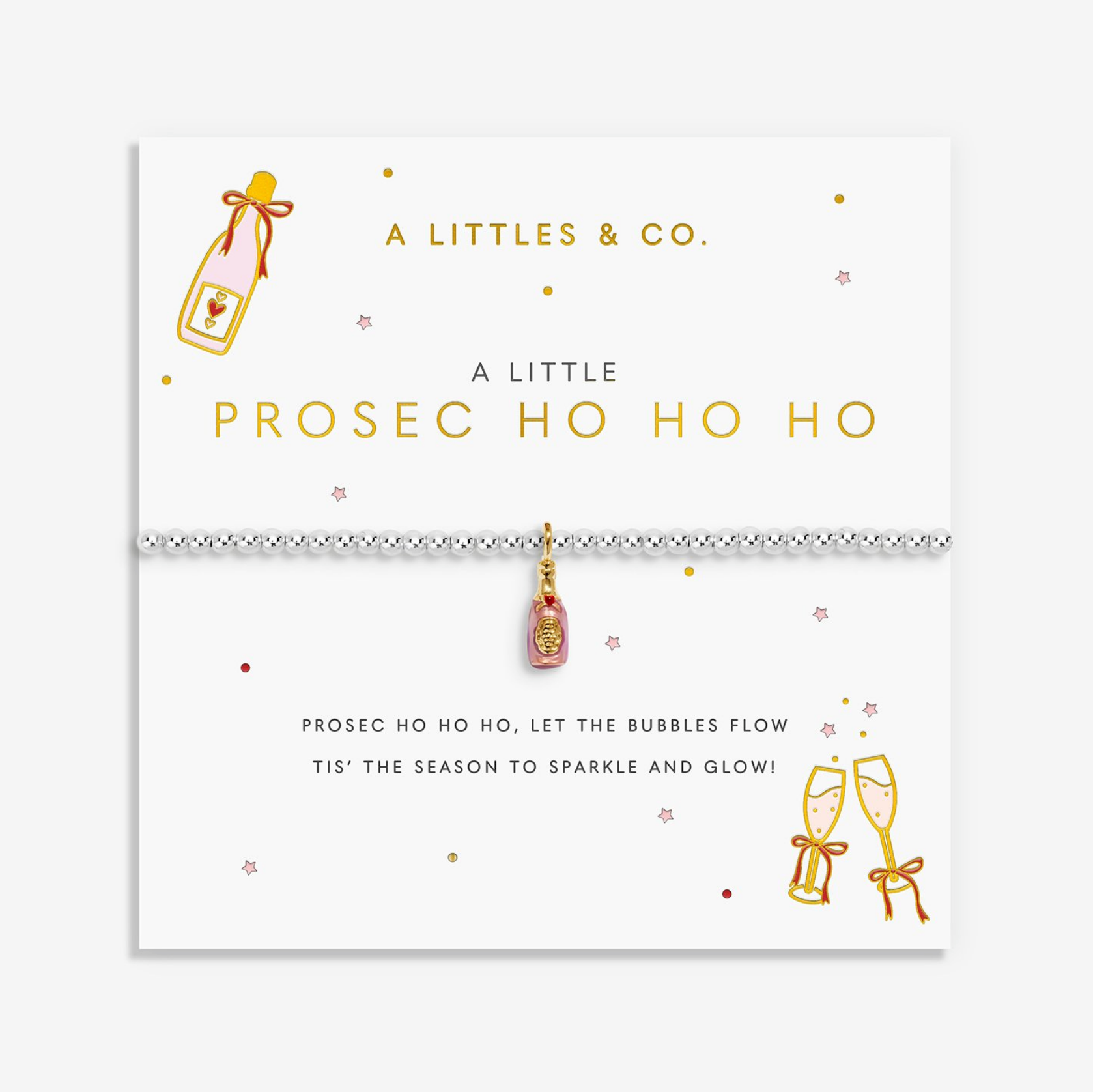 A silver-toned bracelet with a pink and gold 'Prosecco' pendant, displayed on a white branded card from 'A Littles & Co.' with champagne bottle and glasses illustrations. Available at Be Charmed