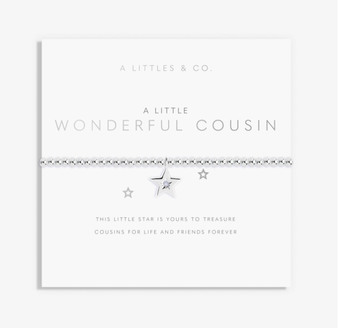 A silver beaded bracelet with a central star charm and a small embedded blue gemstone, presented on a white card from A Littles & Co. titled 'A Little Wonderful Cousin'. Available at Be Charmed