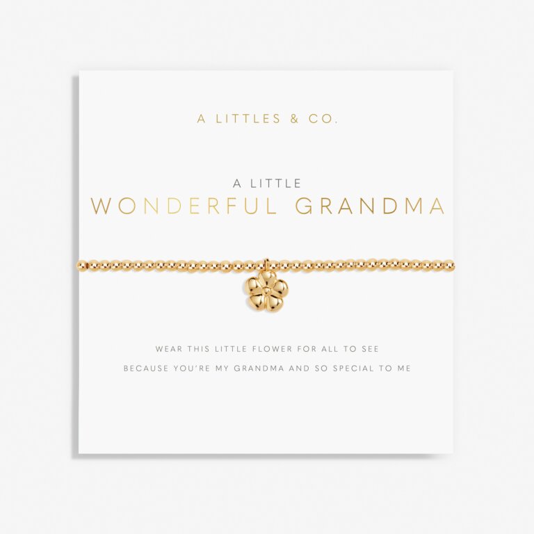 A Littles & Co Wonderful Grandma gold bracelet featuring a delicate gold charm on a beaded band, available at Be Charmed