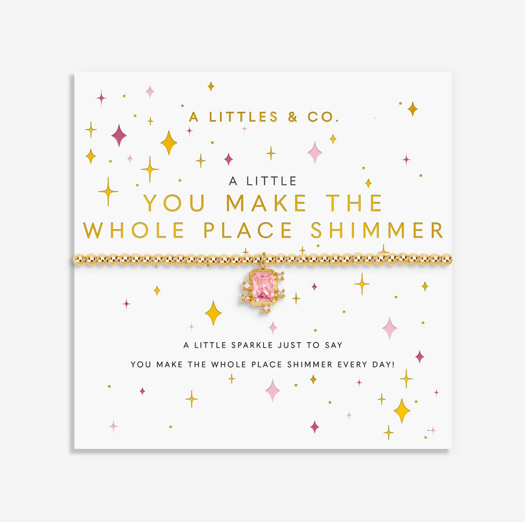 A Littles & Co You Make The Whole Place Shimmer gold bracelet featuring a delicate gold-toned charm on a beaded band, available at Be Charmed