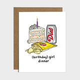 Brittany Paige birthday card featuring a graphic illustration of snacks representing girl dinner, available at Be Charmed