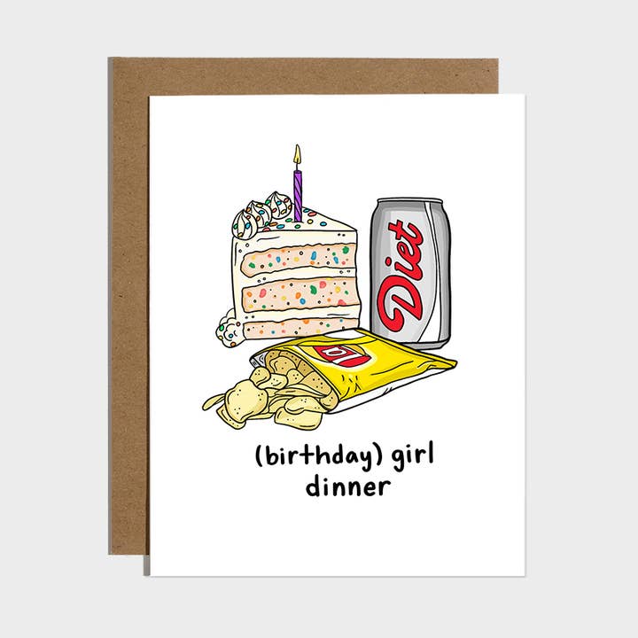 Brittany Paige birthday card featuring a graphic illustration of snacks representing girl dinner, available at Be Charmed