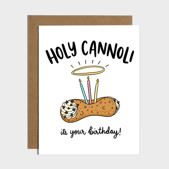 Brittany Paige birthday card featuring a graphic illustration of cannoli pastries and the text Holy Cannoli, available at Be Charmed