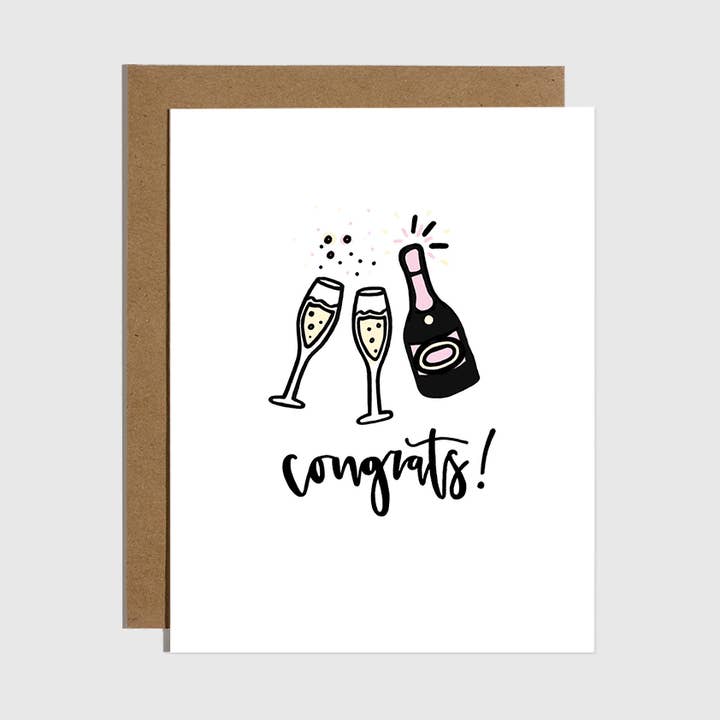 Brittany Paige champagne bottle greeting card featuring the text Congrats!, available at Be Charmed
