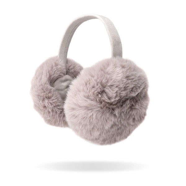 Gray Britt's Knits Aspen Earmuffs featuring cozy faux fur winter earmuffs, available at Be Charmed