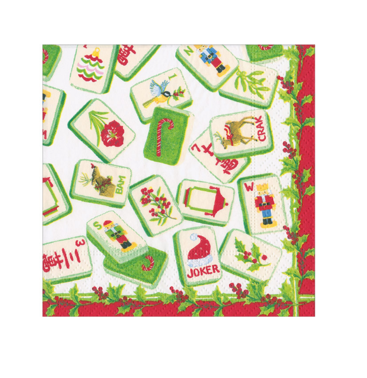 A Caspari square decorative print or tile featuring a holiday-themed mahjong tile pattern on a white background, with green borders, red accents, and illustrated cards including nutcrackers, candy canes, holly, and joker motifs. Available at Be Charmed