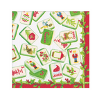 A Caspari square decorative print or tile featuring a holiday-themed mahjong tile pattern on a white background, with green borders, red accents, and illustrated cards including nutcrackers, candy canes, holly, and joker motifs. Available at Be Charmed