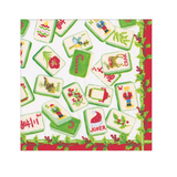 A Caspari square decorative print or tile featuring a holiday-themed mahjong tile pattern on a white background, with green borders, red accents, and illustrated cards including nutcrackers, candy canes, holly, and joker motifs. Available at Be Charmed