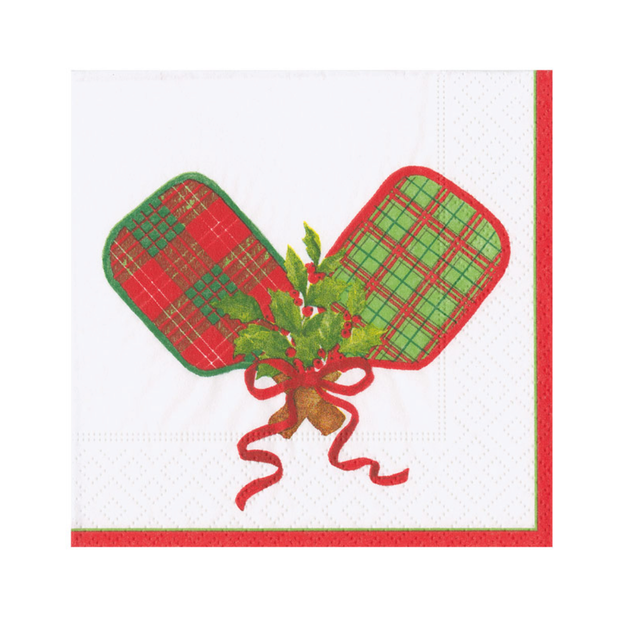 A Caspari square white paper napkin with a red border and a central holiday design of two red-and-green plaidpickle ball paddles tied with a red ribbon and small green holly leaves.
