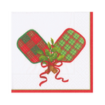 A Caspari square white paper napkin with a red border and a central holiday design of two red-and-green plaidpickle ball paddles tied with a red ribbon and small green holly leaves.