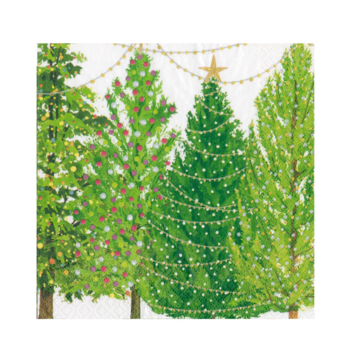 A Caspari square paper napkin featuring a festive Christmas tree illustration with three decorated green trees, gold string lights, ornaments, and a gold star on a white background. Available at Be Charmed
