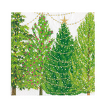 A Caspari square paper napkin featuring a festive Christmas tree illustration with three decorated green trees, gold string lights, ornaments, and a gold star on a white background. Available at Be Charmed