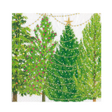 A Caspari square paper napkin featuring a festive Christmas tree illustration with three decorated green trees, gold string lights, ornaments, and a gold star on a white background. Available at Be Charmed