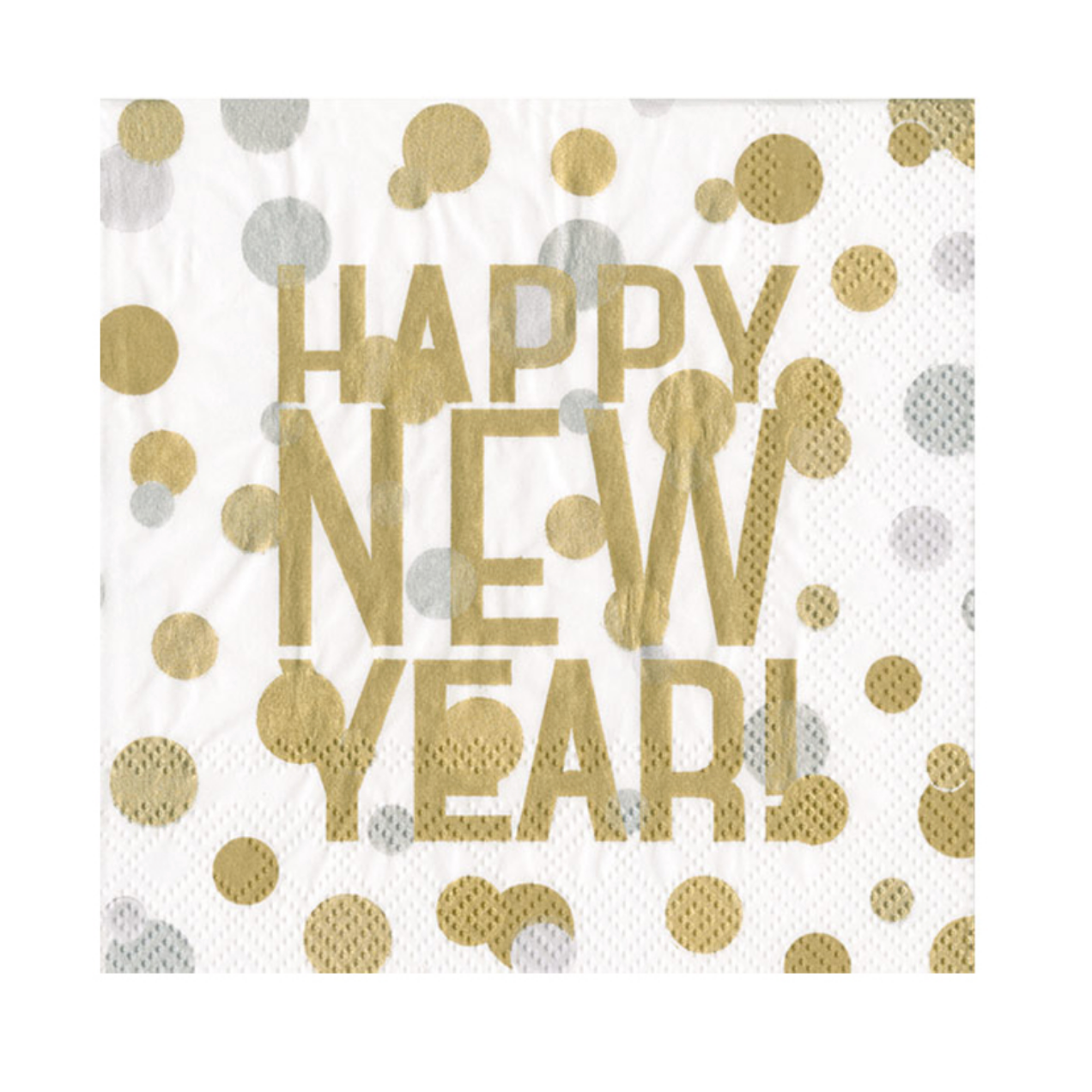 Caspari White paper napkins with a gold foil 'HAPPY NEW YEAR!' text design and scattered gold and silver confetti dots. Available at Be Charmed
