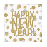 Caspari White paper napkins with a gold foil 'HAPPY NEW YEAR!' text design and scattered gold and silver confetti dots. Available at Be Charmed