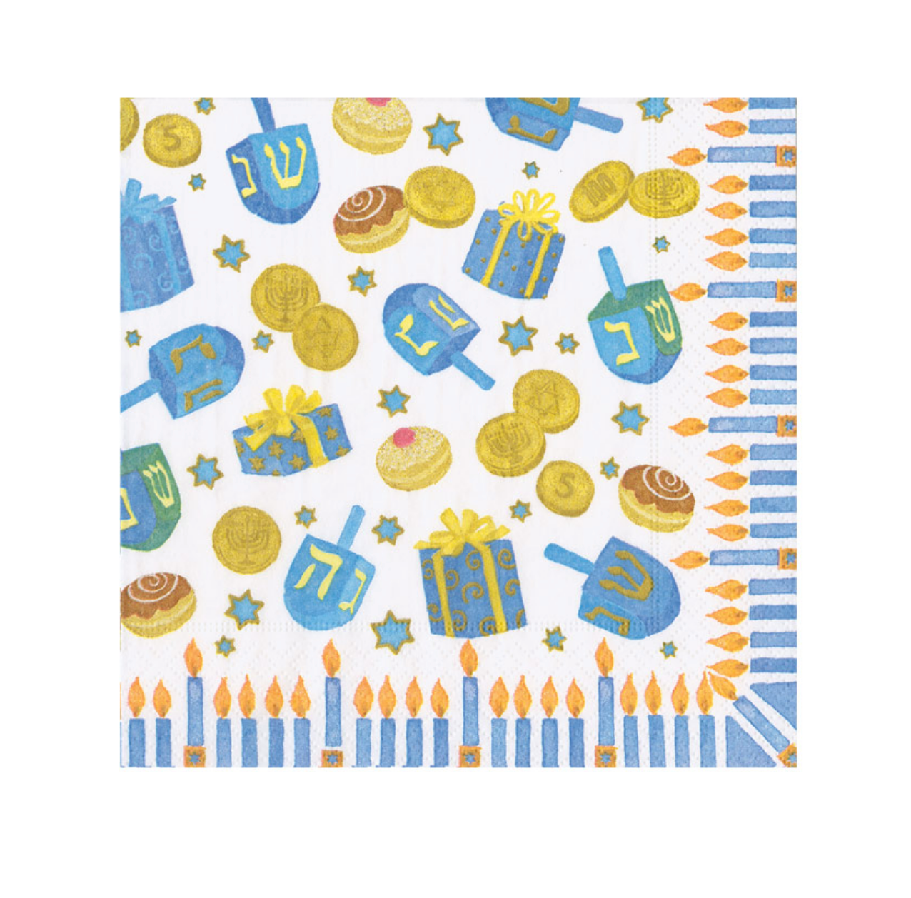 A Caspari square paper napkin with a Hanukkah pattern featuring blue dreidels, gold coins, gift boxes, pastries, stars, and blue candles with orange flames on a white background. Available at Be Charmed