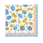 A Caspari square paper napkin with a Hanukkah pattern featuring blue dreidels, gold coins, gift boxes, pastries, stars, and blue candles with orange flames on a white background. Available at Be Charmed
