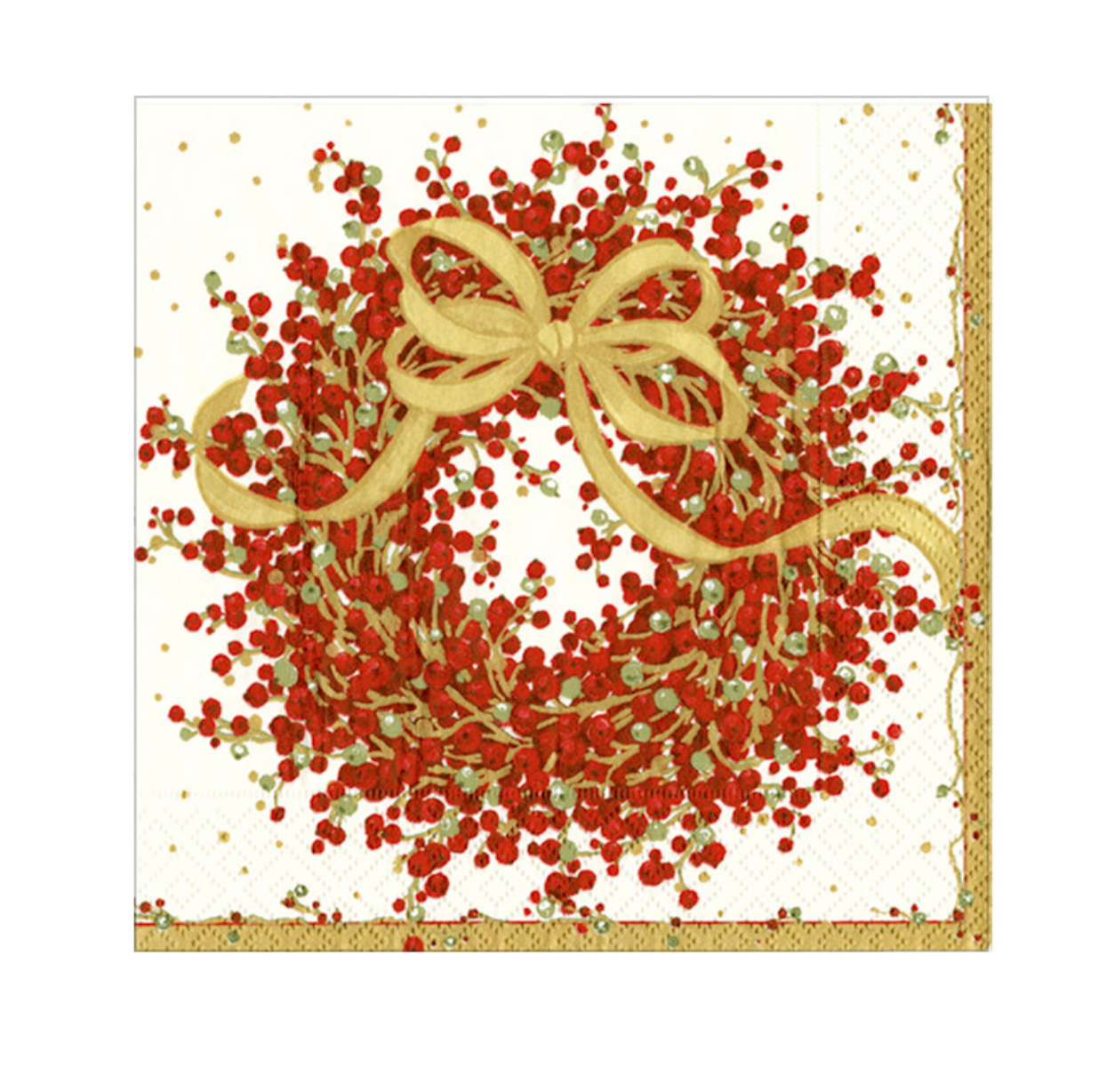 A Caspari square decorative paper napkin featuring a festive holiday wreath design with red berries, green leaves, and a large gold ribbon bow on an off-white background with a gold border. Available at Be Charmed