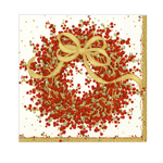 A Caspari square decorative paper napkin featuring a festive holiday wreath design with red berries, green leaves, and a large gold ribbon bow on an off-white background with a gold border. Available at Be Charmed