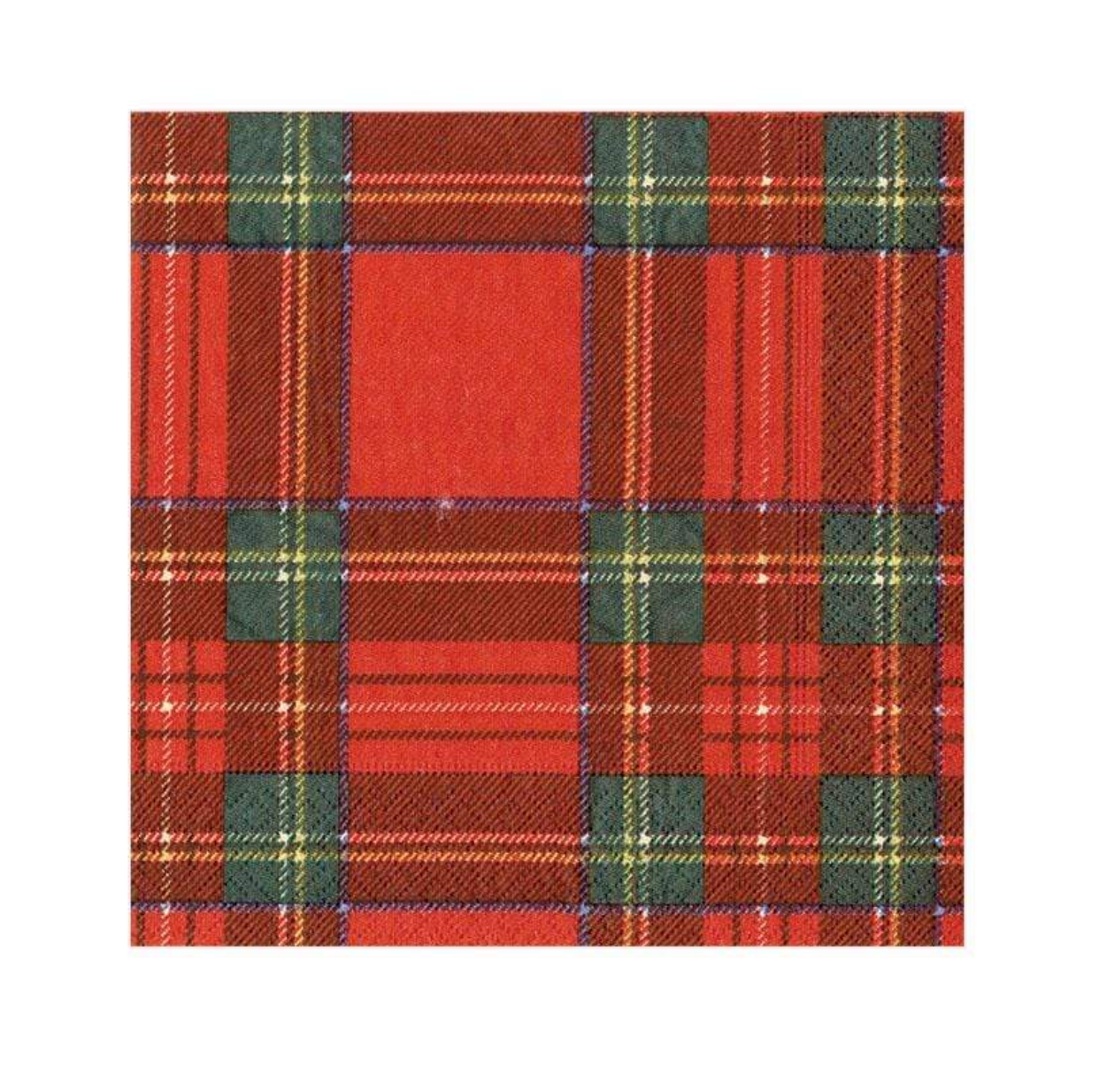 A Caspari square napkin featuring a classic red tartan plaid pattern with green, yellow, and blue intersecting stripes. Available at Be Charmed