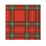 A Caspari square napkin featuring a classic red tartan plaid pattern with green, yellow, and blue intersecting stripes. Available at Be Charmed