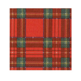 A Caspari square napkin featuring a classic red tartan plaid pattern with green, yellow, and blue intersecting stripes. Available at Be Charmed