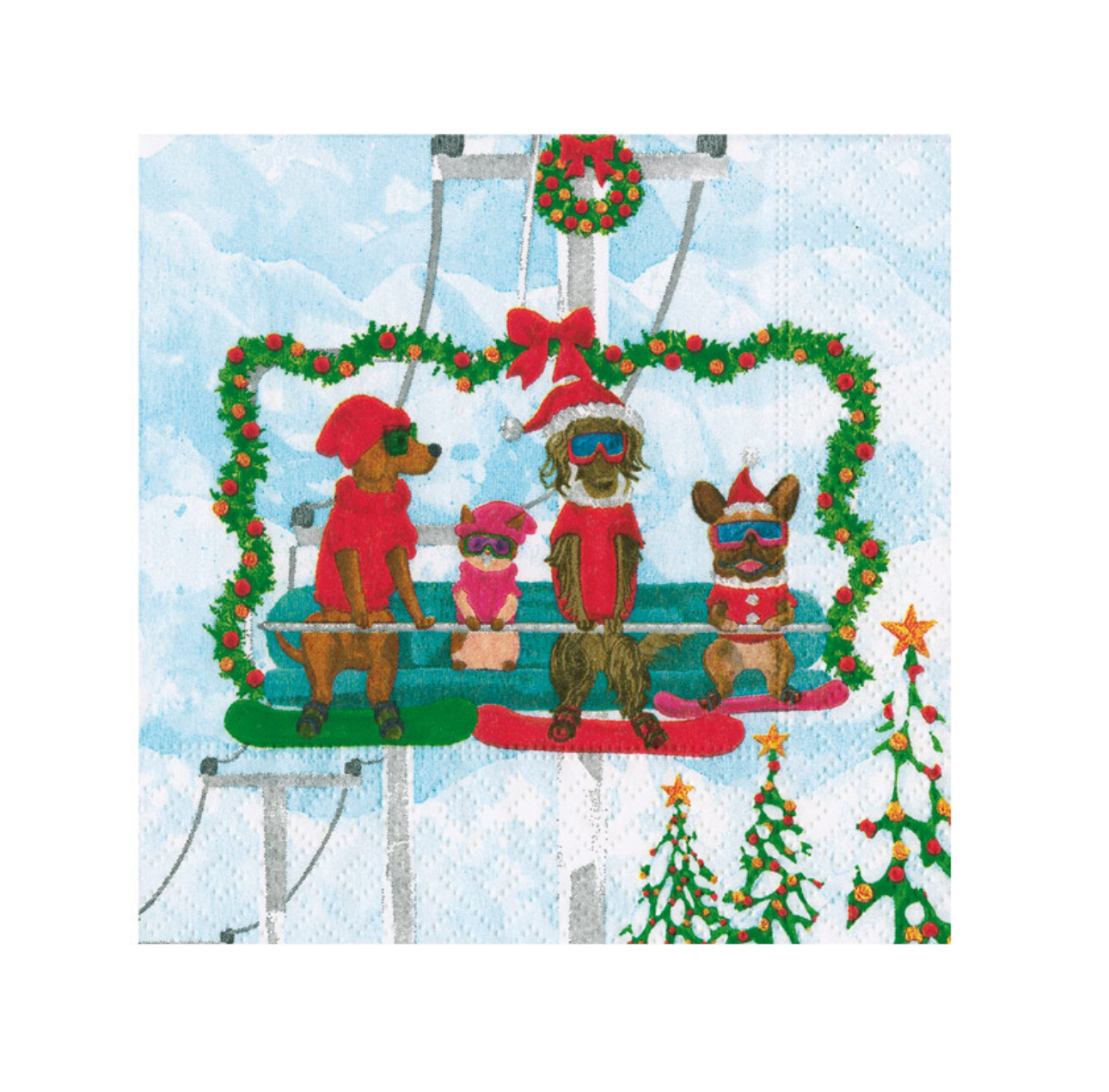 A Caspari square printed napkin or paper product featuring a festive winter scene with four dogs on a ski lift chair, decorated with green wreaths and red holiday accents, set against a snowy blue background. Available at Be Charmed