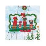 A Caspari square printed napkin or paper product featuring a festive winter scene with four dogs on a ski lift chair, decorated with green wreaths and red holiday accents, set against a snowy blue background. Available at Be Charmed