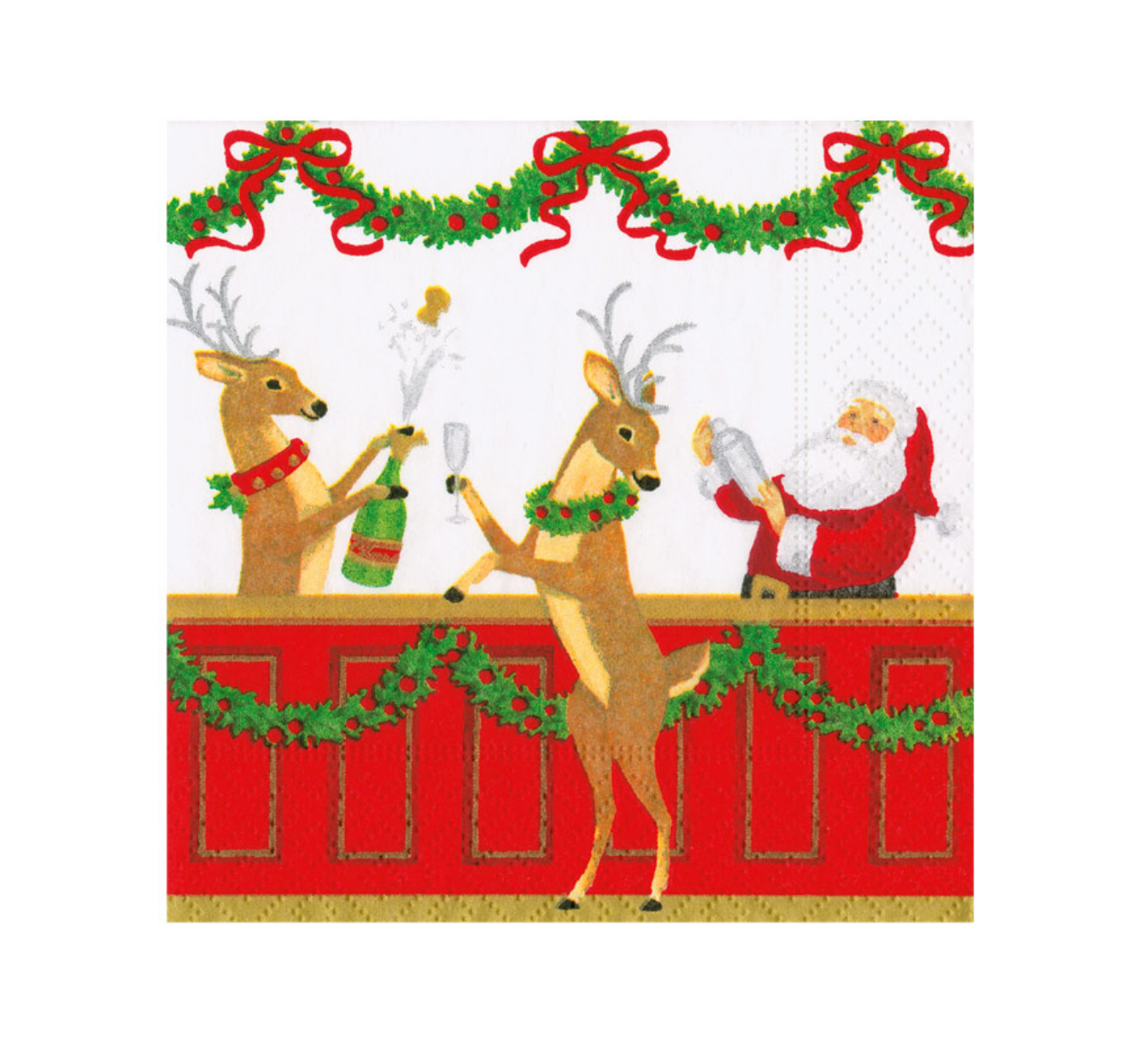 A Caspari square Christmas-themed napkin featuring two deer at a bar with a bottle and champagne, Santa Claus behind the counter, red garlands, and red bows on a white background. Available at Be Charmed