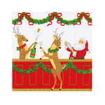A Caspari square Christmas-themed napkin featuring two deer at a bar with a bottle and champagne, Santa Claus behind the counter, red garlands, and red bows on a white background. Available at Be Charmed