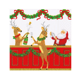 A Caspari square Christmas-themed napkin featuring two deer at a bar with a bottle and champagne, Santa Claus behind the counter, red garlands, and red bows on a white background. Available at Be Charmed