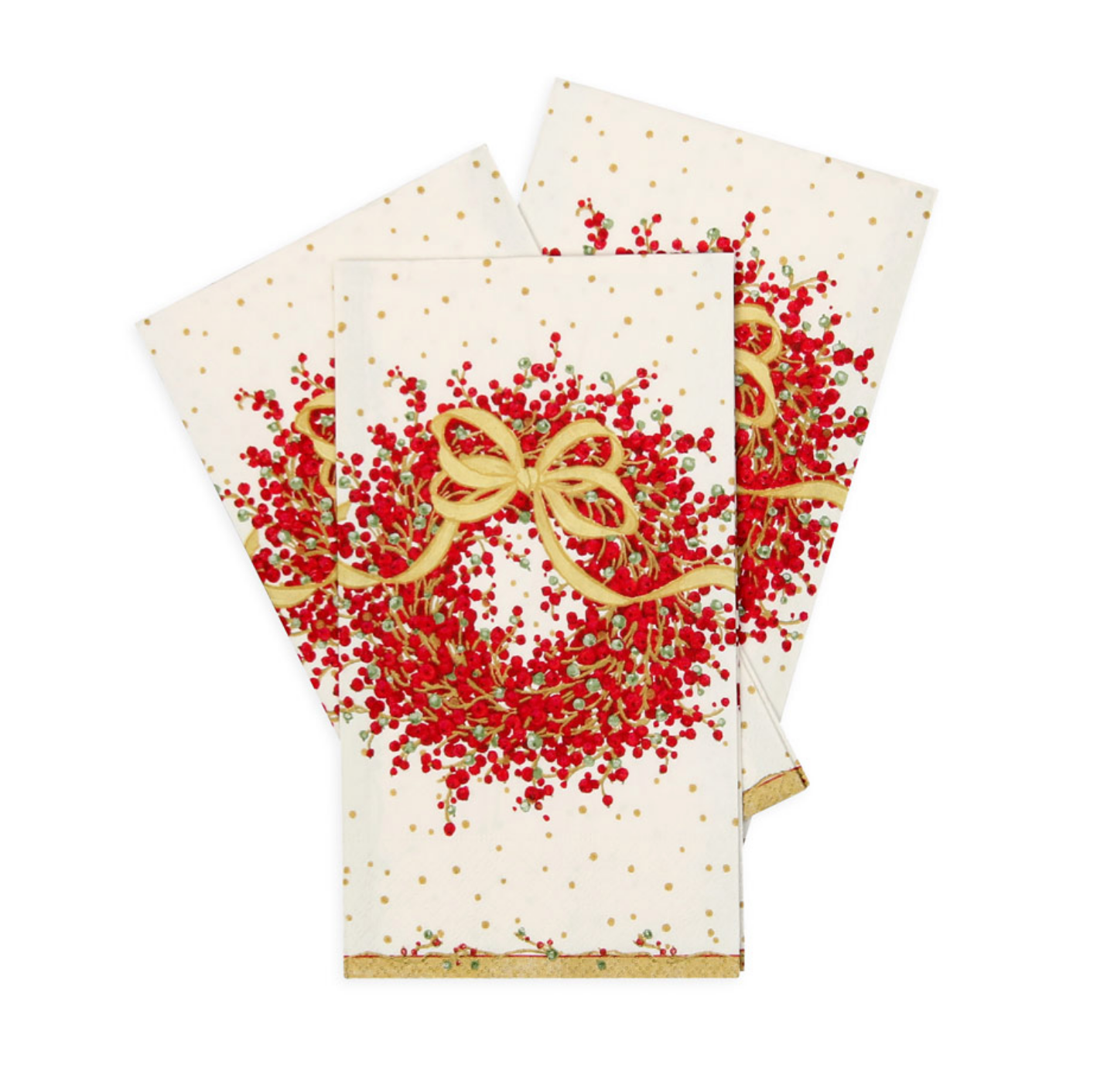 Three Christmas-themed Caspari napkins with a festive red berry wreath design, gold bow, and gold polka dots on an off-white background, arranged in a fan layout on a white studio background. Available at Be Charmed