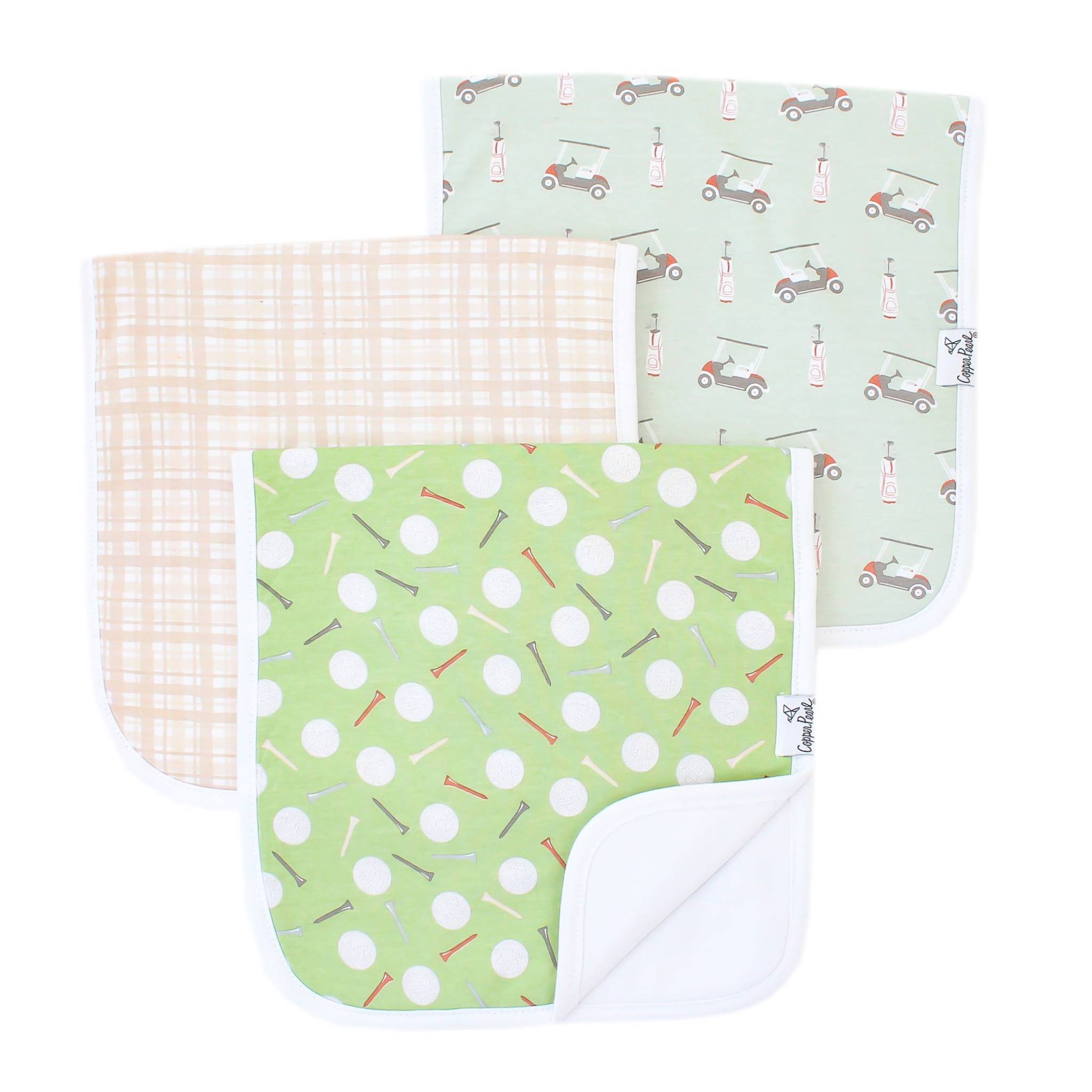Copper Pearl burp cloth set Bogey featuring a stylish multi-layer absorbent fabric design, available at Be Charmed
