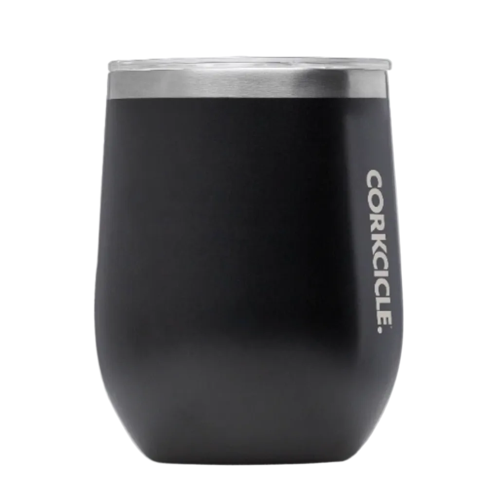Corkcicle 12 oz Stemless stainless steel insulated tumbler in matte black, available at Be Charmed