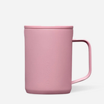 A desert rose ceramic mug with a matching lid and handle, featuring the embossed brand name Corkcicle on the front, set against a clean white background. Available at Be Charmed