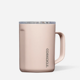A gloss chocolate CORKCLE insulated mug with a clear lid, featuring the brand name printed vertically in dark gray on the side, set against a clean white background. Available at Be Charmed