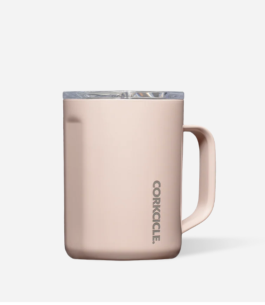 A gloss chocolate CORKCLE insulated mug with a clear lid, featuring the brand name printed vertically in dark gray on the side, set against a clean white background. Available at Be Charmed