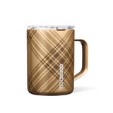 A metallic golden plaid Corkcicle insulated mug with a brown and beige plaid pattern, a clear lid, and a gold handle, shown on a white background. Available at Be Charmed