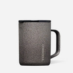 A steel shadow insulated travel mug , featuring the vertical brand name 'CORKCICLE' on the side, set against a plain light gray background. Available at BE Charmed