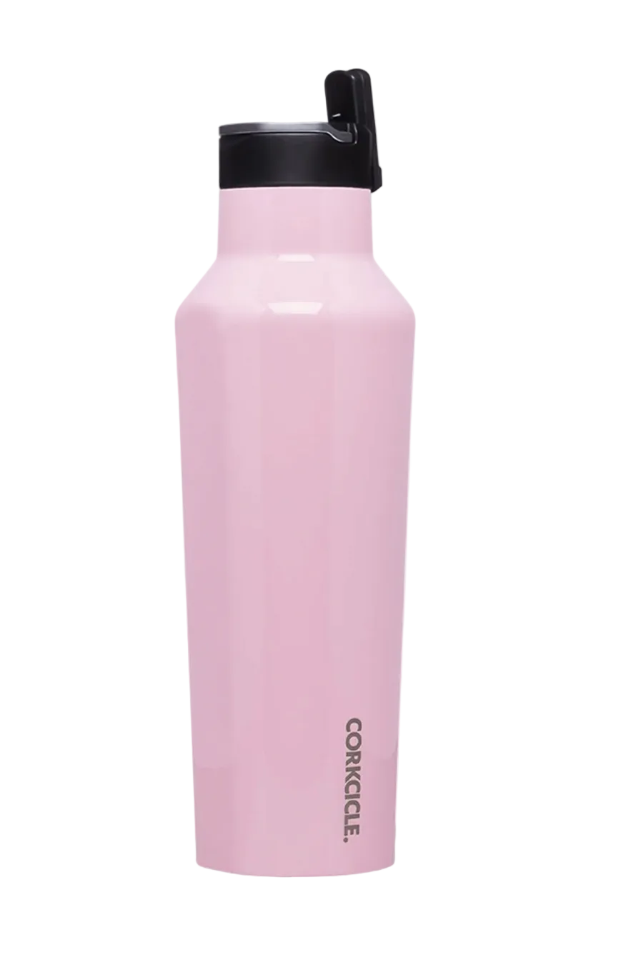 Rose Quartz Corkcicle 20 oz Sport Canteen stainless steel water bottle with straw cap, available at Be Charmed