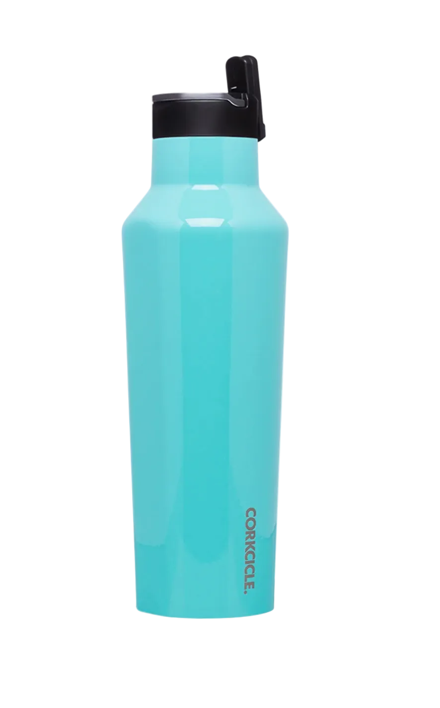 Turquoise Corkcicle 20 oz Sport Canteen stainless steel water bottle with straw cap, available at Be Charmed