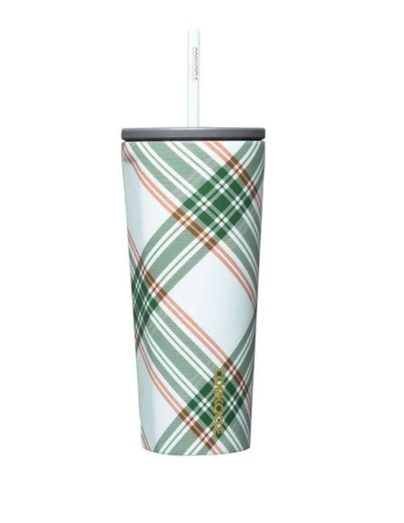 Peppermint Plaid Corkcicle 24 oz Cold Cup stainless steel insulated travel cup with straw lid, available at Be Charmed